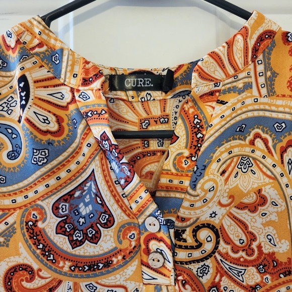 CURE Floral Orange Blue Roll-Tab V-Neck Pull-On Blouse‎ Top Size M/Small — Used, - Picture 9 of 14